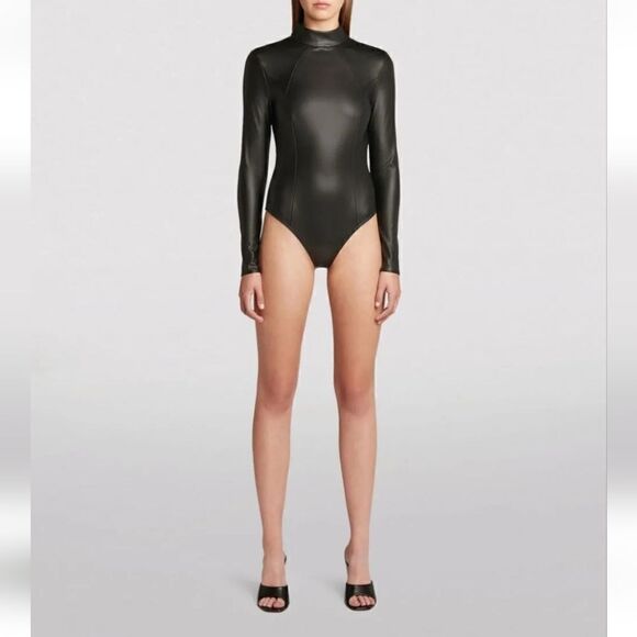 WOLFORD x AMINA MUADDI TURTLENECK VEGAN LEATHER BODYSUIT size 10 M